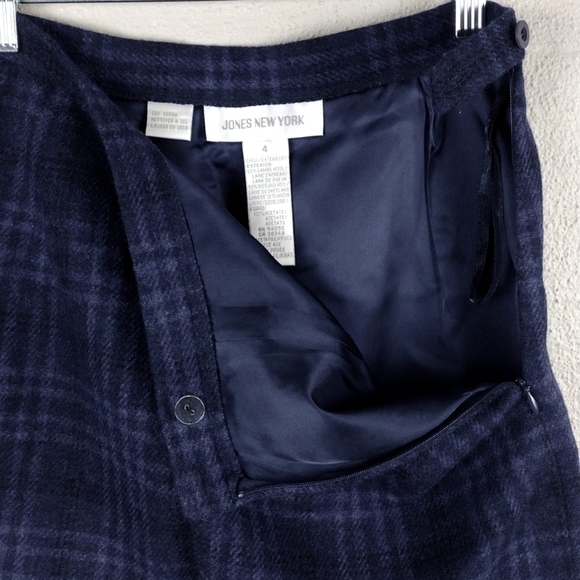 Jones New York Blue Windowpane Check Lamb Shetland Wool Fitted Mini Skirt - Picture 3 of 11